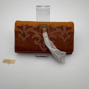 Montana West Western Studded Tri-Fold Wallet Brown Vegan Leather MW1100-W010BR